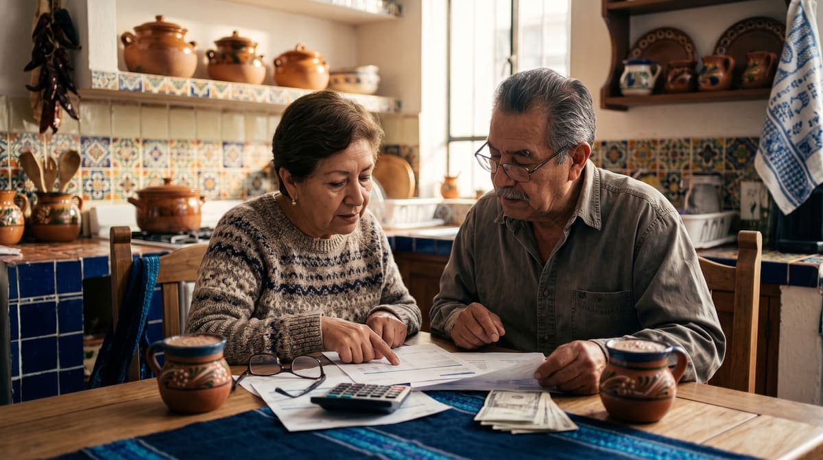 Pareja mexicana revisando documentos de su pensión IMSS Ley 73 en la mesa de su cocina | RIVENZA