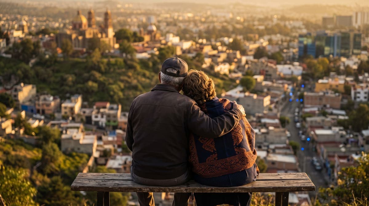 Pareja de jubilados contemplando su pueblo al atardecer: el retiro que da una pensión IMSS bien tramitada | RIVENZA