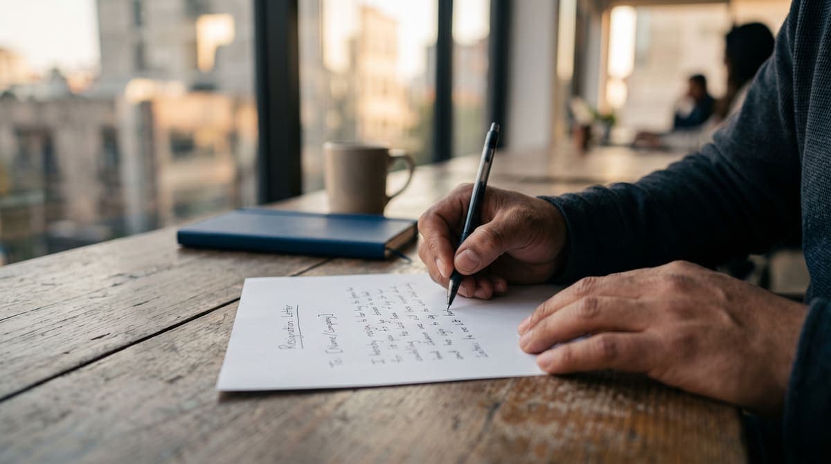 Manos escribiendo una carta de renuncia con pluma sobre un escritorio: formato y ejemplo 2026 | RIVENZA