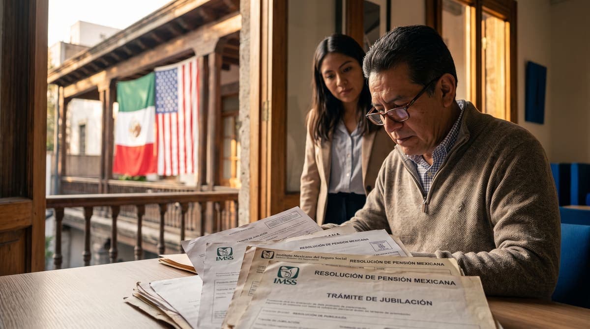 Banderas de México y Estados Unidos con documentos de pensión: convenio de seguridad social y semanas cotizadas | RIVENZA