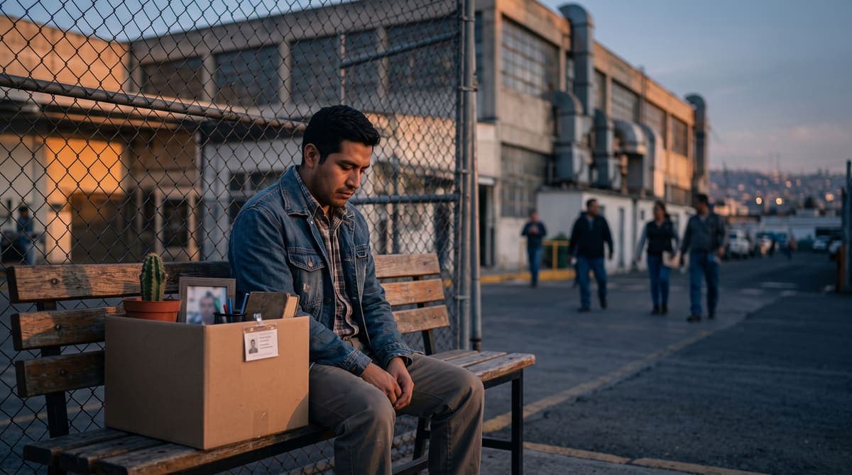 Trabajador con sus pertenencias afuera de la fábrica tras un despido injustificado en México | RIVENZA