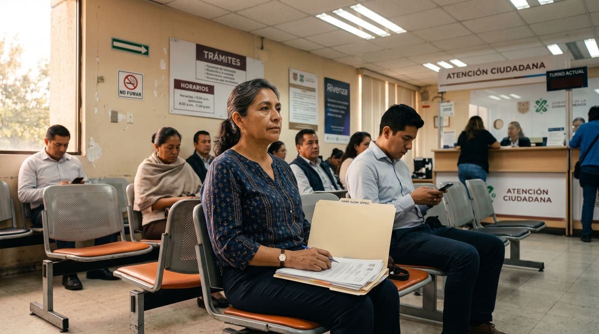 Trabajadora con su expediente en una oficina de gobierno: finiquito por pensión de invalidez definitiva | RIVENZA