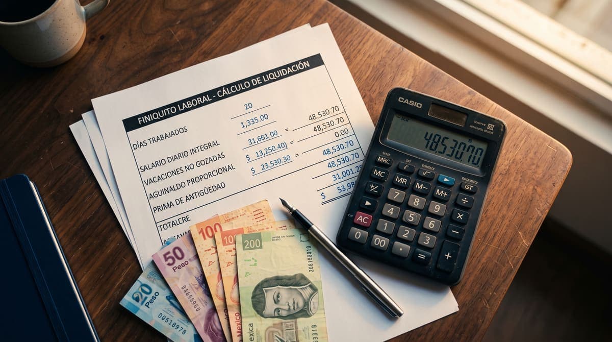 Hoja de cálculo de finiquito con calculadora y billetes: diferencias entre liquidación y finiquito | RIVENZA