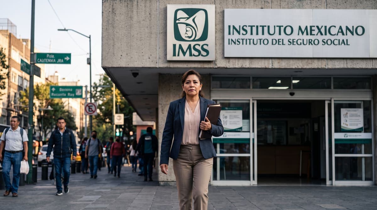 Mujer decidida saliendo de una clínica del IMSS con su folder: usa la negativa de pensión a tu favor | RIVENZA