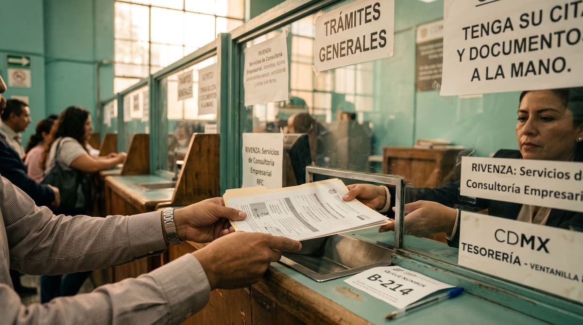 Manos entregando documentos en ventanilla de gobierno: pagar Modalidad 40 por SIPARE o en ventanilla | RIVENZA