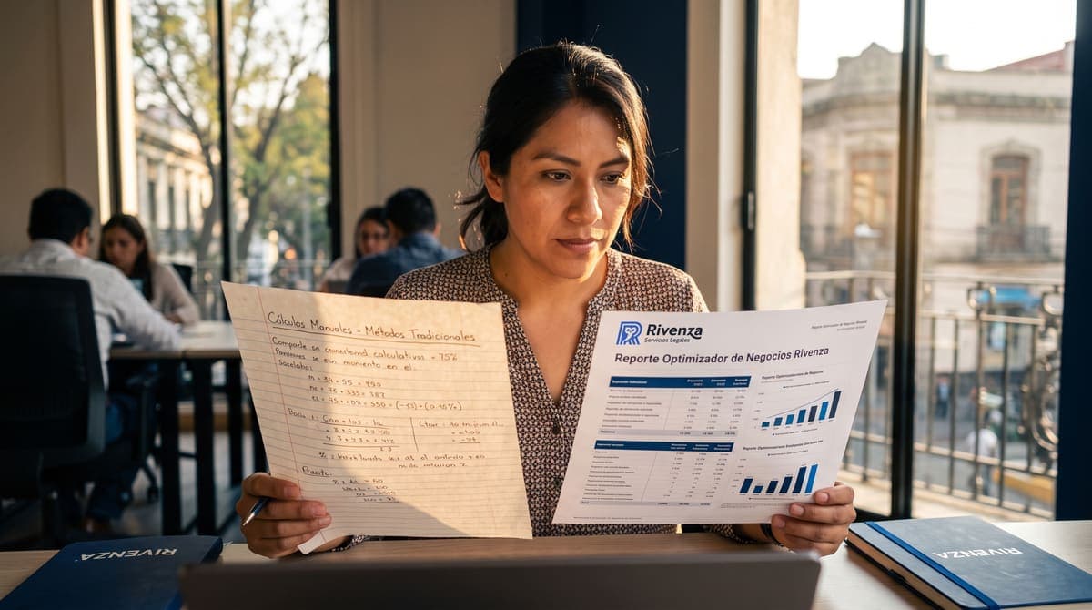 Dos documentos de cálculo comparados sobre un escritorio: diferencias entre pensión IMSS e ISSSTE | RIVENZA