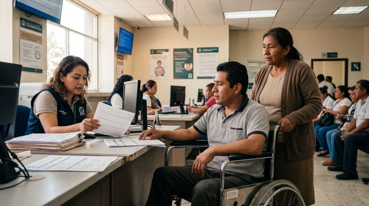 Hombre en silla de ruedas acompañado de su familia en el IMSS: requisitos de la pensión por invalidez | RIVENZA