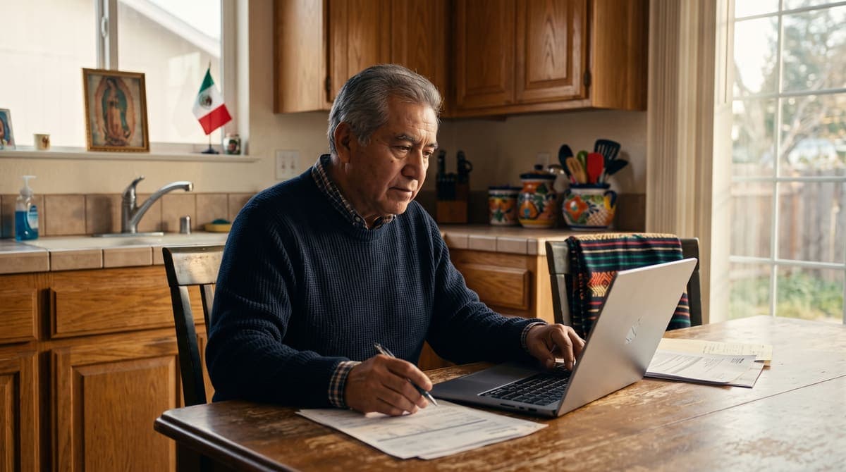 Mexicano en Estados Unidos revisando en laptop el trámite de su pensión IMSS desde el extranjero | RIVENZA