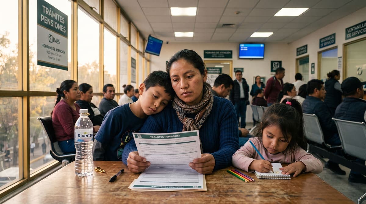 Madre con sus hijos en oficinas del seguro social: requisitos de la pensión por orfandad IMSS | RIVENZA