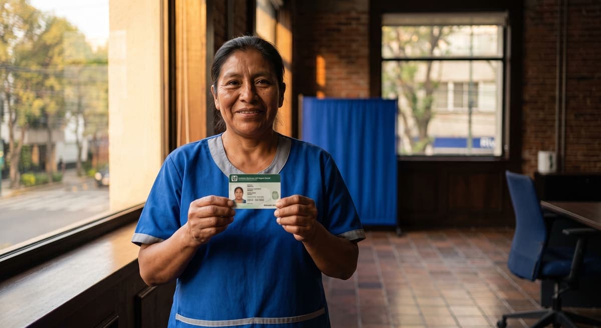 Trabajadora del hogar mostrando orgullosa su tarjeta del IMSS: la reforma que le da pensión | RIVENZA