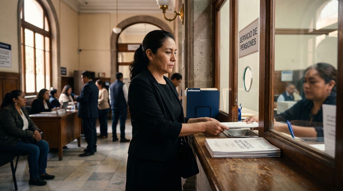 Mujer entregando en ventanilla los documentos de su pensión por viudez IMSS Ley 73 | RIVENZA