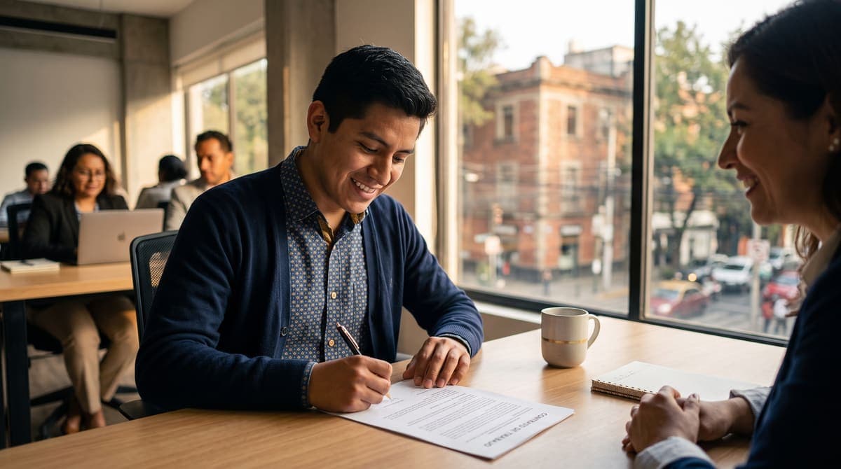 Joven trabajador firmando su contrato: prestaciones de ley que te corresponden en México 2026 | RIVENZA