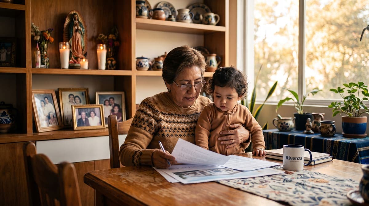 Abuela mexicana con su nieto revisando documentos: protege tu herencia con un testamento | RIVENZA