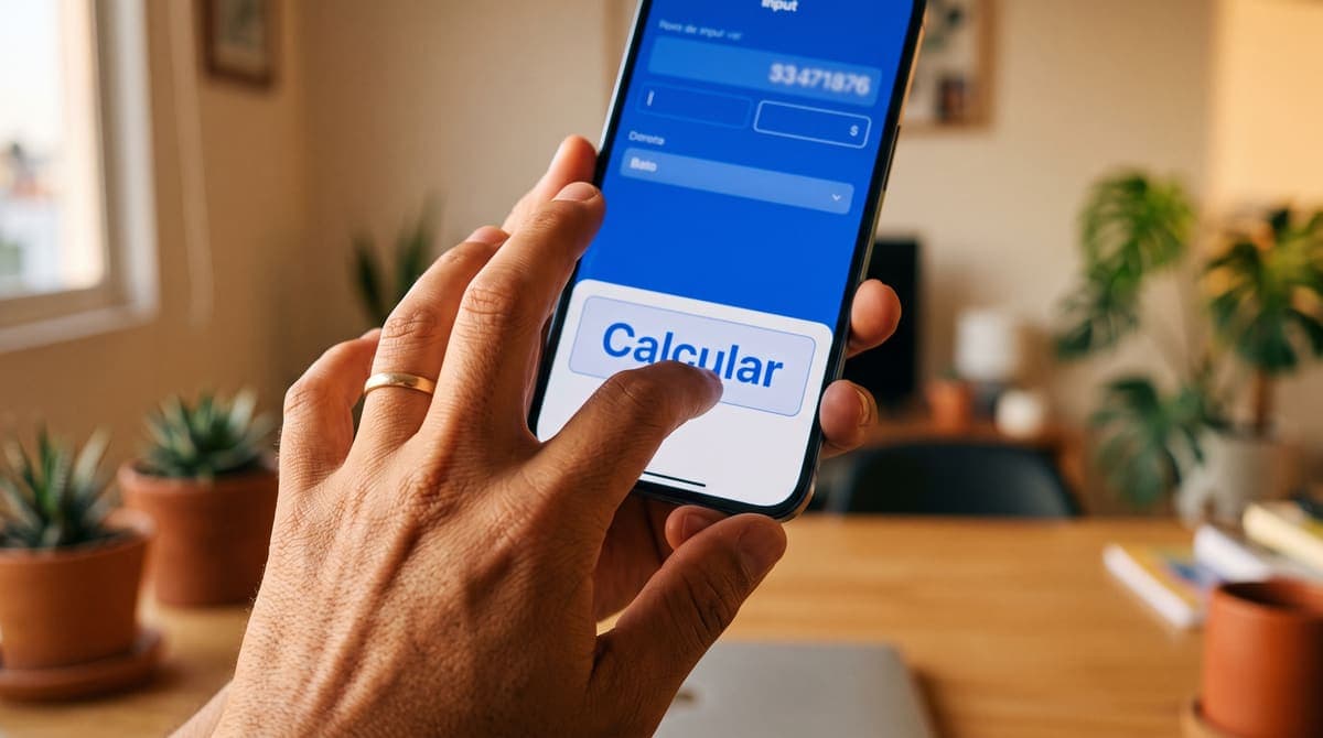 Mano tocando el botón calcular en el celular: cómo obtener tu salario diario integrado (SDI) | RIVENZA