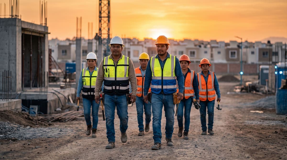 Trabajadores caminando a la obra al amanecer: cómo el salario mínimo 2026 afecta tu pensión IMSS | RIVENZA