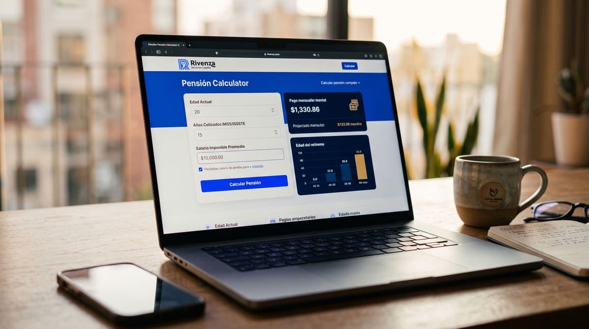 Laptop mostrando la plataforma digital del trámite: solicitud de pensión IMSS en línea sin errores | RIVENZA