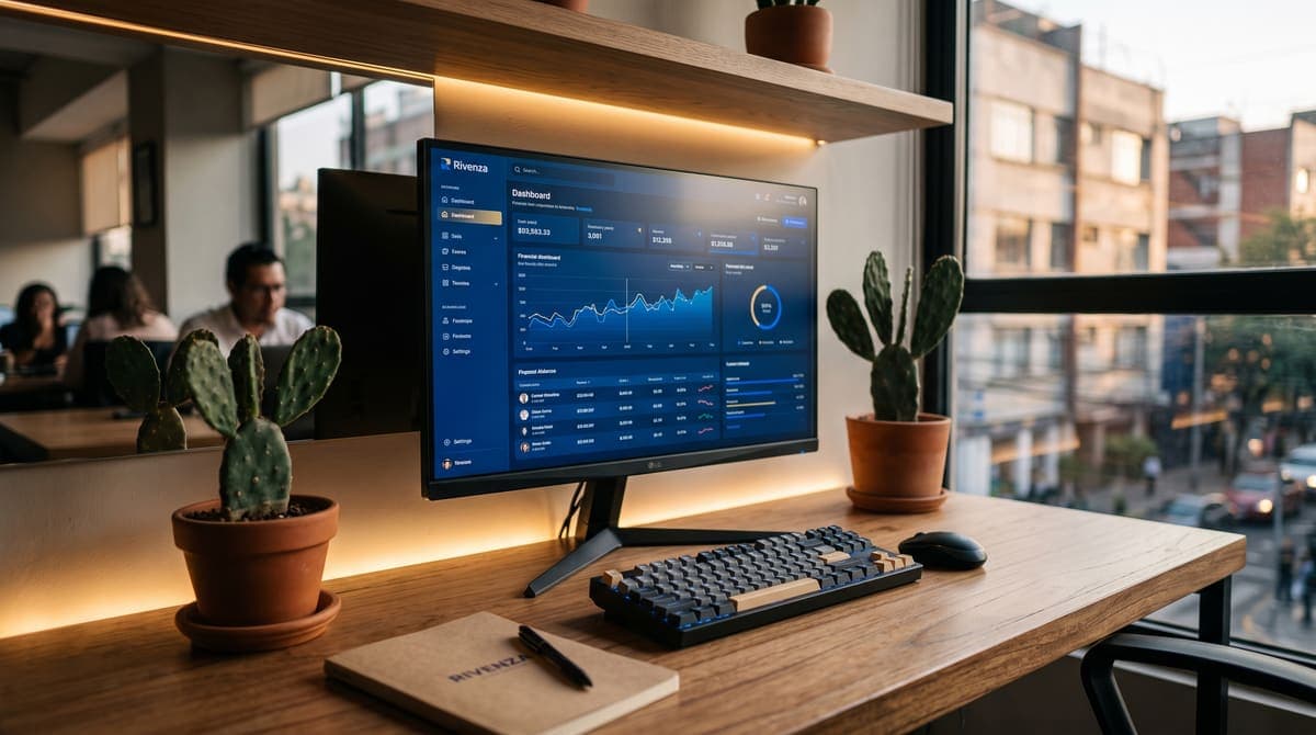 Monitor con tablero financiero en tonos azules: tabla de cuantía básica IMSS 2026 para Ley 73 | RIVENZA