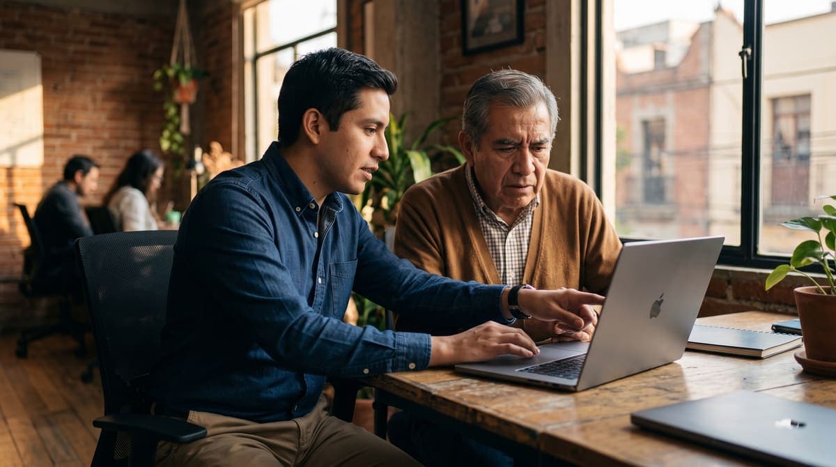 Abuelo y nieto revisando juntos una laptop: caso real de si vale la pena la Modalidad 40 | RIVENZA