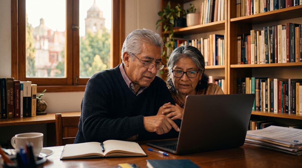 Pareja mexicana revisando en laptop el simulador de pensión con Modalidad 40 del IMSS | RIVENZA