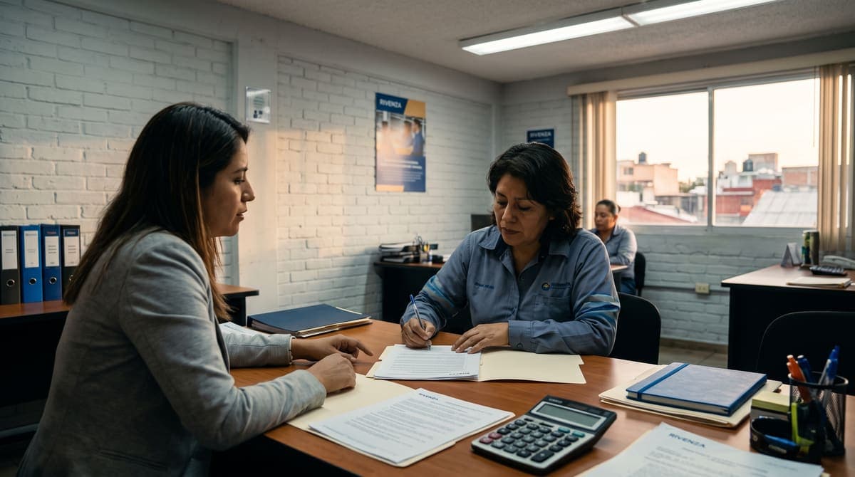 Trabajadora mexicana firmando documentos de liquidación en recursos humanos: derecho laboral | RIVENZA