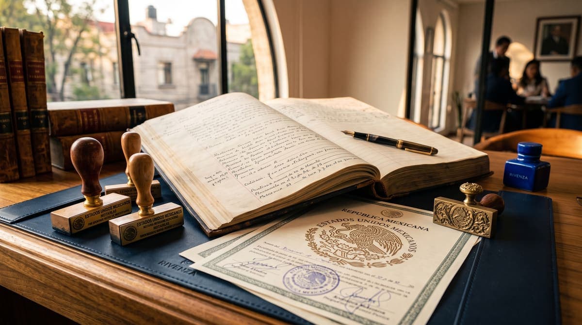 Escritorio notarial con sellos y libro de protocolo: calcula el costo de tu testamento | RIVENZA