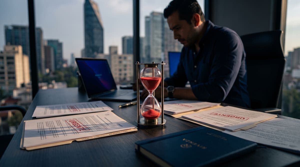 Reloj de arena sobre documentos legales urgentes: calcula tus plazos laborales a tiempo | RIVENZA